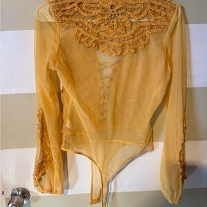 Windsor Mustard Lace Detail Sheer Bodysuit